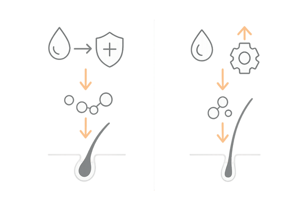 AGA治療薬とテストステロンサプリの作用点の違い（5αリダクターゼ阻害 vs 原料増加）比較図