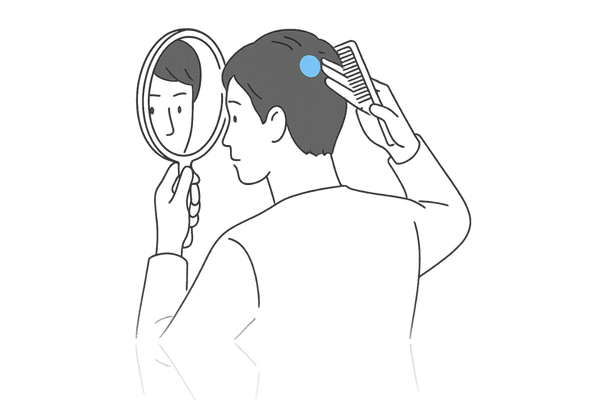 男性が手鏡で頭皮をセルフチェックしているイラスト
