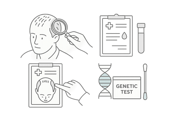 薄毛治療を専門とする医療機関では、医師が問診、視診、触診に加え、必要に応じてダーモスコピー(頭皮拡大鏡検査)や血液検査などを行い、総合的に診断します。