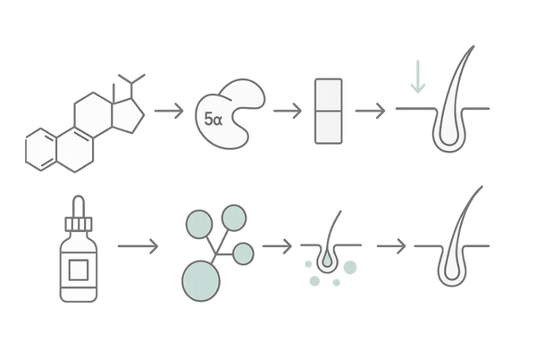 主なAGA治療薬の作用メカニズム図|フィナステリド・デュタステリド・ミノキシジル