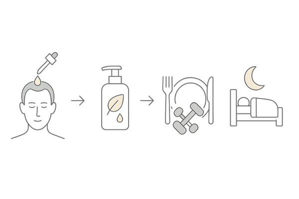 休薬期間中の薄毛対策フロー｜ミノキシジル外用・頭皮ケア・栄養運動・睡眠の4ステップ