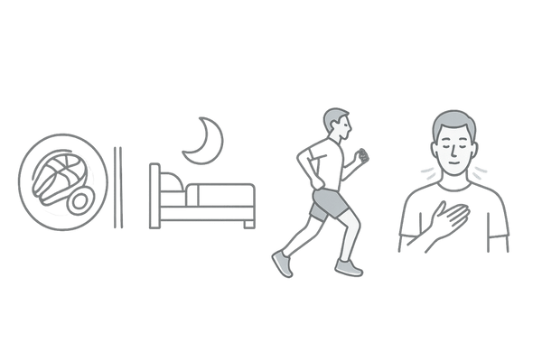 前髪を守る生活習慣アイコン｜食事・睡眠・運動・ストレスケア