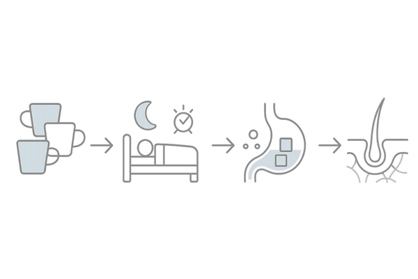 カフェイン過剰摂取が薄毛リスクにつながる流れ:睡眠低下・栄養吸収阻害・血行不良の4ステップ