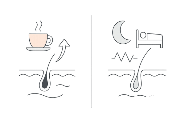 カフェインの二面性(血行促進と睡眠低下)の比較イラスト|コーヒーと頭皮・抜け毛の関係