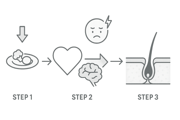 ダイエットで起こる休止期脱毛症の仕組み|栄養不足とストレスが髪に及ぼす影響(メカニズム図)
