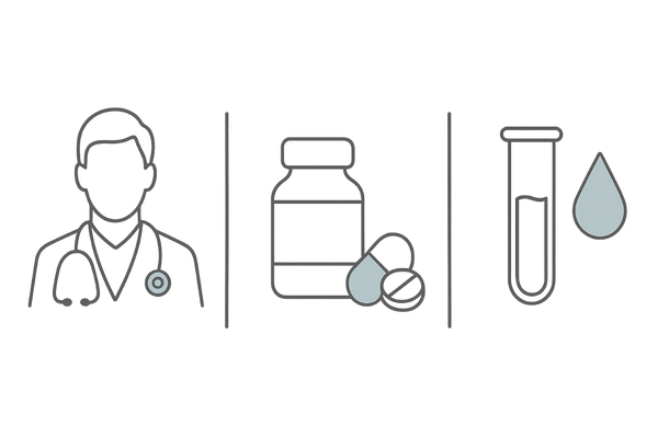 デュタステリドの価格:費用内訳(診察料・薬剤費・検査費)を横並びで示す線画イメージ