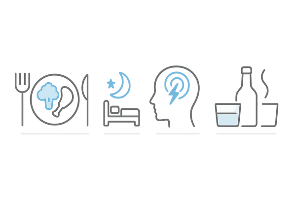 薄毛リスクを高めうる生活習慣：栄養・睡眠・ストレス・喫煙飲酒のアイコン図