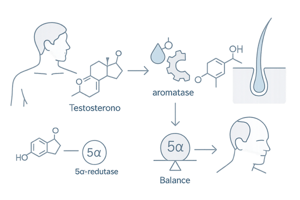 男性の薄毛とエストロゲン・テストステロンのバランス関係図(M字・生え際・前頭部のイメージ)