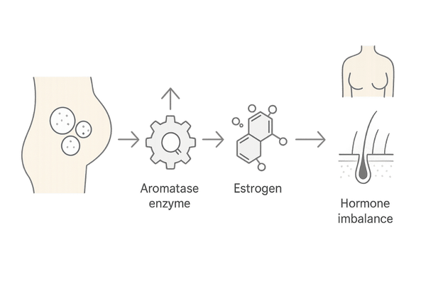 肥満とアロマターゼ活性によるエストロゲン過剰化→薄毛リスクのメカニズム図