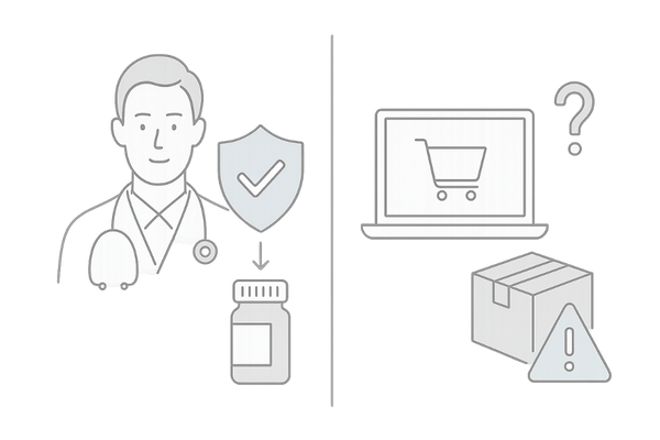 クリニック処方と個人輸入の違い図（安全性・品質管理の比較）