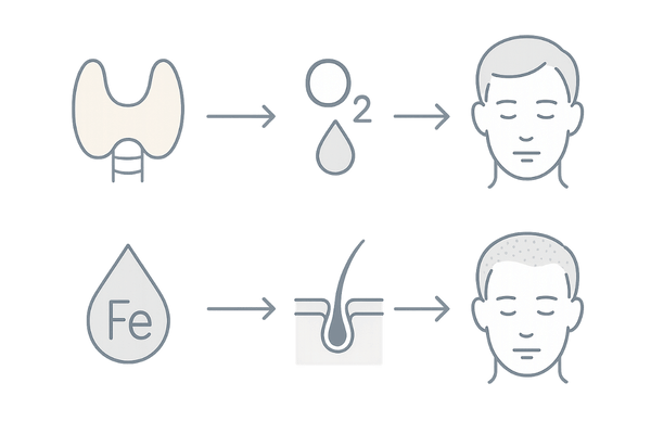 甲状腺異常・鉄欠乏と脱毛のしくみ|内科的疾患が髪に与える影響を示す図
