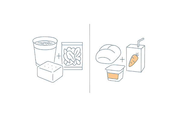コンビニでできる“一品プラス”の具体例|おにぎり+サラダチキン/カップ麺+カット野菜+豆腐/菓子パン+ヨーグルト+野菜ジュース
