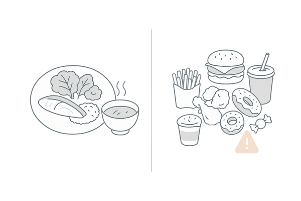 薄毛リスクを高める食生活とバランス食の比較イラスト