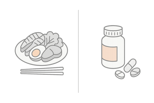 食事とサプリの役割比較イメージ(基本=食事/補助=サプリ)|薄毛対策の土台づくり