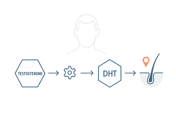 AGAの仕組み図(テストステロン→5αリダクターゼ→DHT→生え際の毛包ミニチュア化)