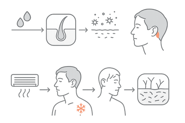 汗・皮脂と冷房の二大要因が頭皮環境を悪化させる並行フロー(毛穴詰まり/血行不良・乾燥)