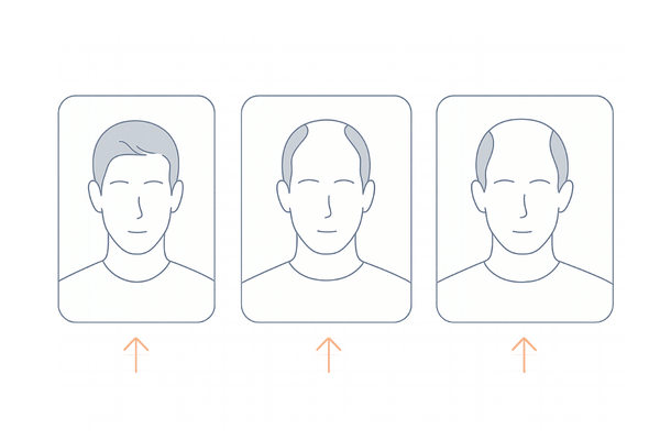 20代のAGAは珍しくない｜年代で進む薄毛のイメージ図（20代・30代・40代の比較）