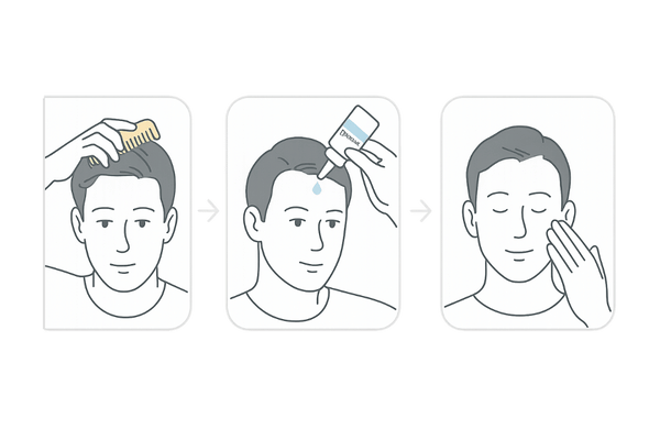ミノキシジル外用薬の正しい塗布手順｜髪を分けて頭皮に直接なじませる3ステップ図