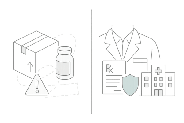 個人輸入とクリニック処方の違い｜リスクと安全性の比較イラスト（AGA治療薬）