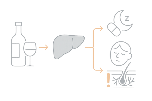 お酒とはげるリスク：髪への悪影響メカニズム図（栄養消費・睡眠低下・血行不良）