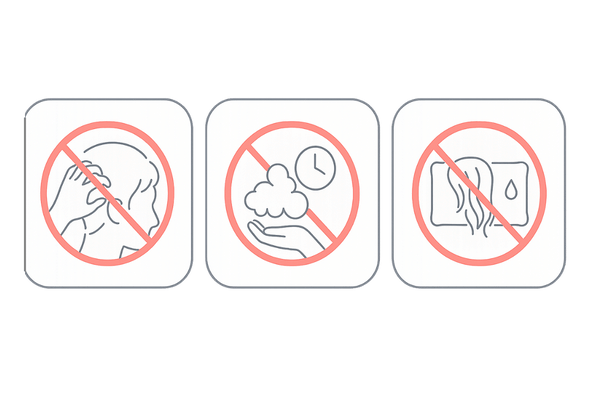 フケ対策で避けるべきNG行動3つ｜爪ゴシゴシ・洗いすぎ・濡れたまま就寝のイラスト