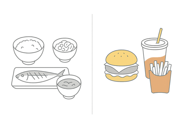 バランス定食とジャンクフードの比較イメージ｜抜け毛リスクの食生活