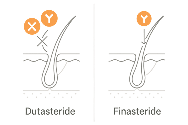 デュタステリドとフィナステリドの作用比較｜5αリダクターゼ抑制の違いとDHT低下イメージ（AGA治療・発毛効果）