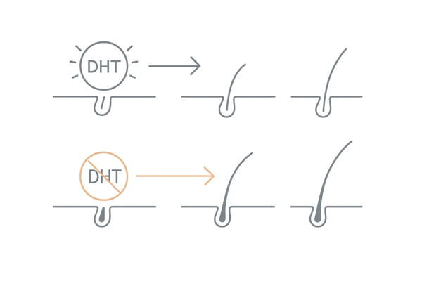 デュタステリドでDHTを抑制しヘアサイクルが正常化、産毛が硬毛化していくメカニズム図（AGA・発毛）