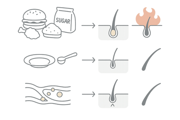 食べ物が抜け毛に作用する3経路（皮脂・栄養不足・血行不良）のメカニズム図