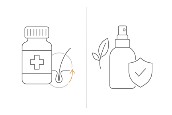 育毛剤の「医薬品」と「医薬部外品」の違いを示す左右比較図（発毛＝治療／予防の役割）