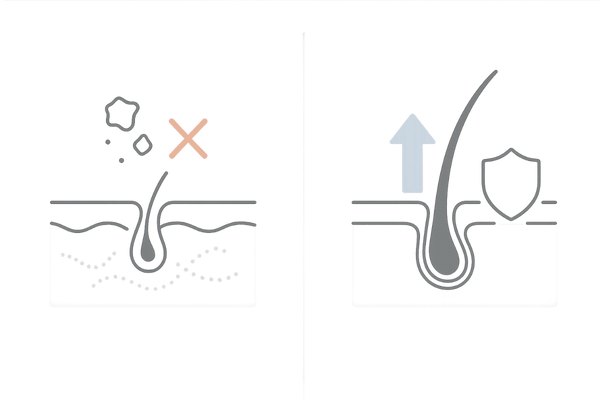 育毛剤と発毛剤の違いを一目で理解できる左右比較イラスト｜頭皮ケアと発毛・AGA抑制の対比
