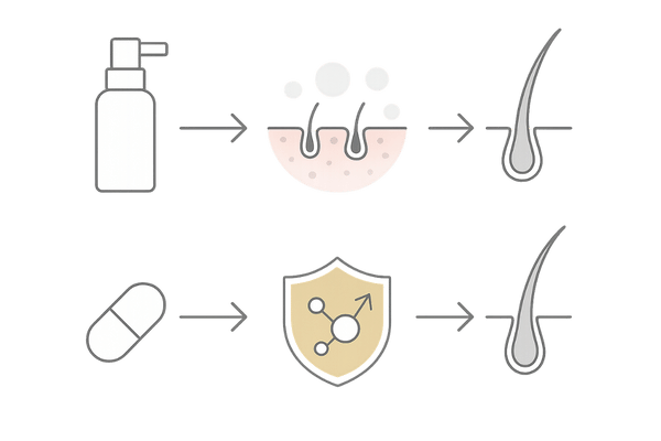 育毛剤とAGA治療薬の違いを直感で理解する二段メカニズム図（予防と治療の役割）