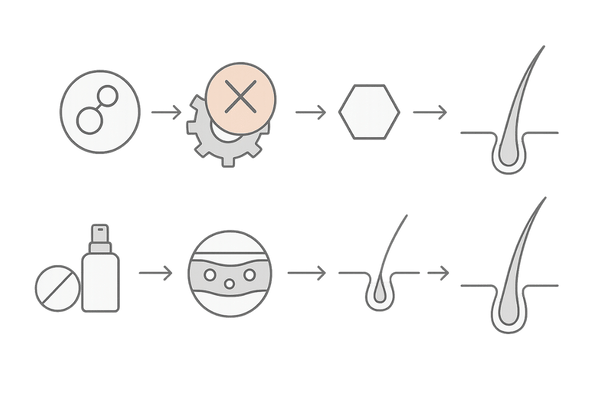 AGA治療薬の作用機序イメージ（フィナステリド・デュタステリドとミノキシジル）