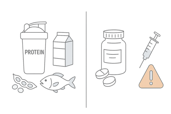 プロテインとアナボリックステロイドの違いを示す左右比較図(食品と薬物の対比)