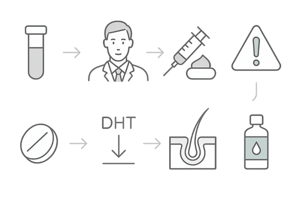 低テストステロンとAGAを併行治療する二本立てアプローチ図（LOH診療×DHT抑制）