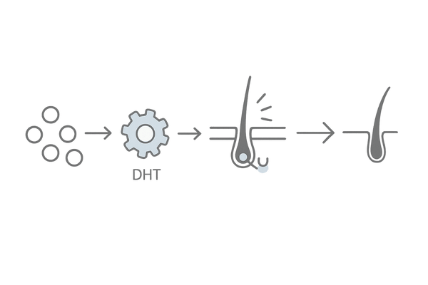 DHTとAGAの機序｜5αリダクターゼによる変換と毛乳頭でのシグナル産生（ミニチュア化の概念図）