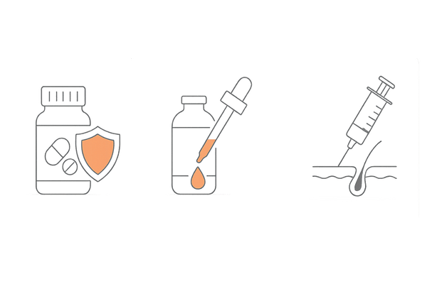 頭頂部AGA治療の違い：内服薬・外用薬・注入治療の比較イラスト