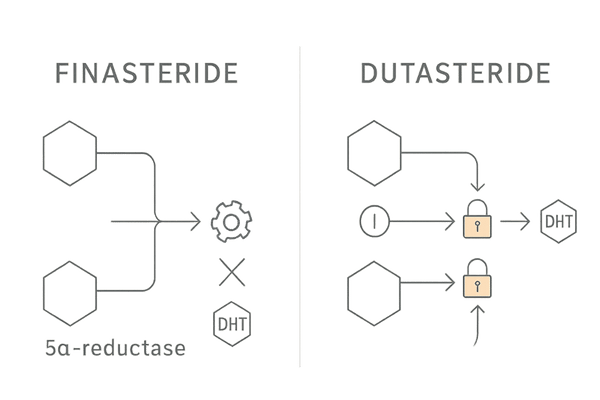 フィナステリドとデュタステリドの違い|5αリダクターゼ阻害の作用範囲イラスト(Ⅰ型・Ⅱ型)