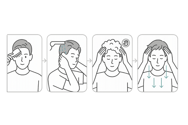 シャンプーの正しい洗い方｜ブラッシング→予洗い→指の腹で頭皮洗浄→丁寧なすすぎ（4ステップ）
