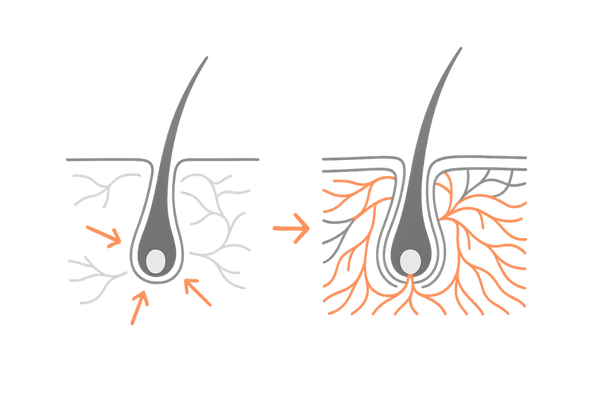 血行不良と改善の対比（毛乳頭周囲の毛細血管ネットワーク）
