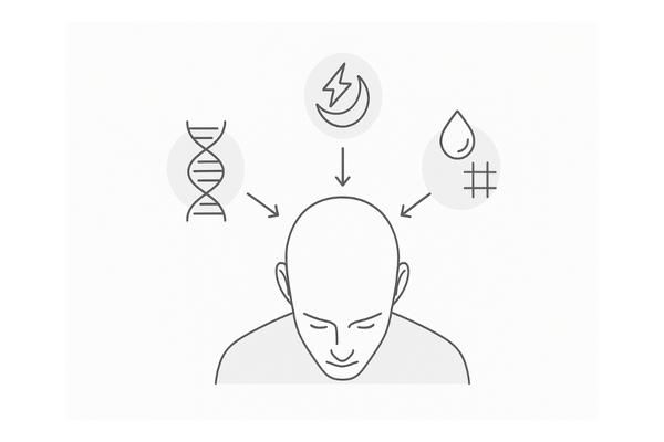 広範囲に薄毛が進行する要因（遺伝×生活習慣×頭皮環境の複合図）