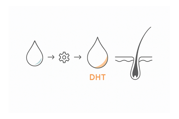 DHT産生の流れ：テストステロン→5αリダクターゼ→DHT→毛包