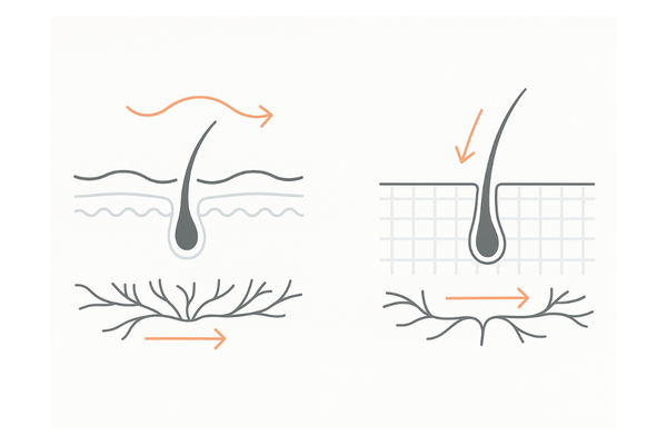 頭皮が硬い状態の抽象図：弾力低下と血流低下の相関