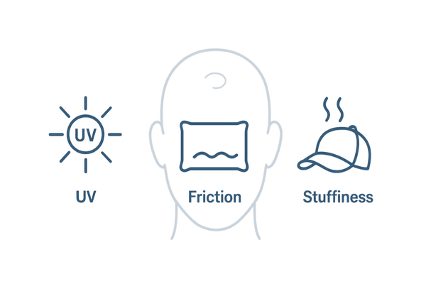 つむじが目立ちやすい外的要因：UV・摩擦・蒸れの抽象（頭頂部保護）