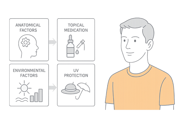 複合要因と対策マップ：解剖学・環境・進行度→外用＆UV＆早期介入