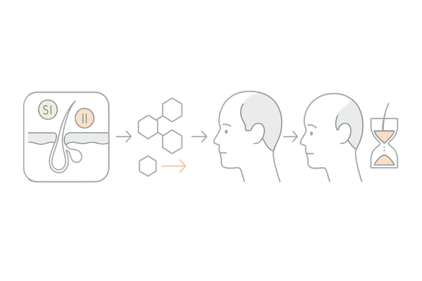 おでこのAGAが効きにくい医学的理由｜5αリダクターゼ・血流・毛周期の図解（M字・生え際）
