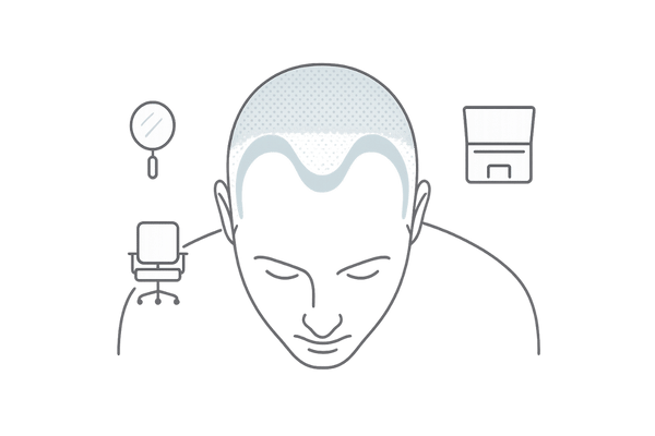 30代の薄毛サインを俯瞰する図（生え際M字・頭頂O字の初期パターン）