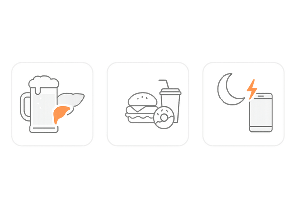 肝臓に負担をかける生活習慣（飲酒・高脂肪高糖・睡眠不足ストレス）