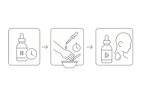 ミノキシジル使用中の安全な白髪染め手順（休薬→パッチテスト→染色→保湿・再開）のフロー
