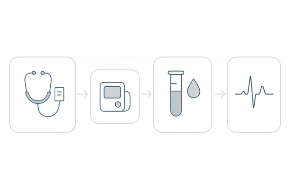 ミノタブ10mg服用時の定期検査タイムライン(血圧・血液検査・心電図の流れ)